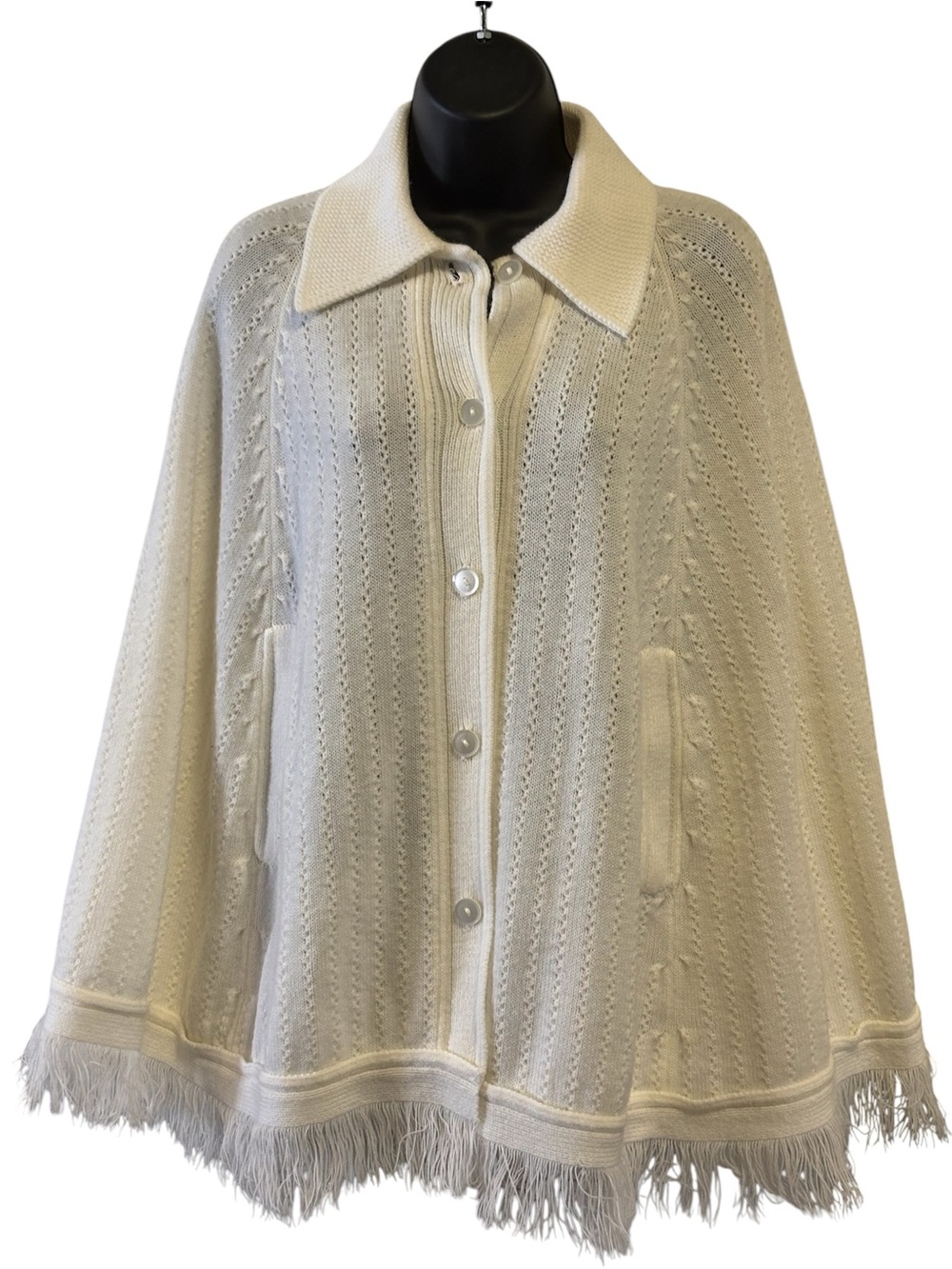 Vintage Women's Cream Fringe Hem Knit Button-Front Cape Sweater